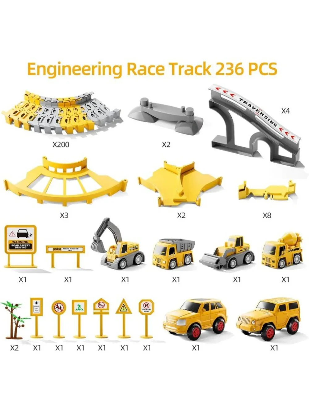 Electric Race Track Set for Toddlers - 2 Cars & 4 Construction Trucks, Gift for